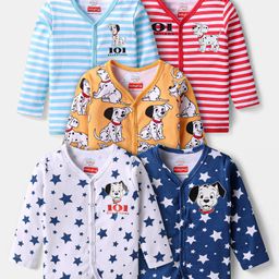 Babyhug Disney Cotton Knit Full Sleeves Front Open Jhablas With Stripes & 101 Dalmatians Graphics Pack of 5 - White Blue & Orange-image-80