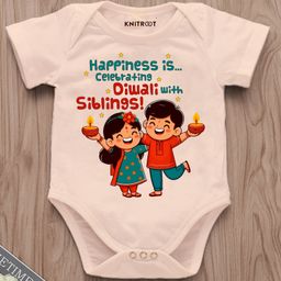 KNITROOT Diwali Theme Half Sleeves Diwali With Siblings Text Printed Onesie - Peach-picture-37