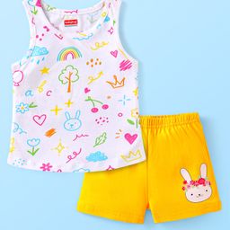 Babyhug 100% Cotton Sleeveless Bunny Printed Sando & Shorts Set - Yellow & White-image-60