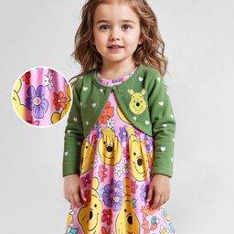 Babyhug Disney Single Jersey Knit Full Sleeves Shrug & Winnie The Pooh Printed Frock - Pink & Green-image-22