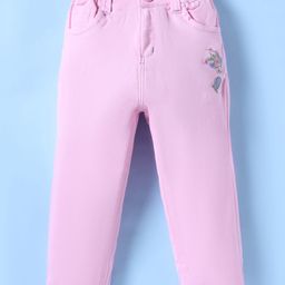 Olio Kids Cotton Woven Full Length Solid Color Trouser with Foral Embroidery - Pink-image-7