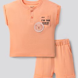 Bonfino 100% Cotton Knit Half Rollup Sleeves Henley T-Shirt & Shorts Set With Print & Lion Patch - Light Orange-image-60