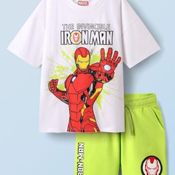 Honeyhap Marvel Single Jersey Knit Half Drop Shoulder Sleeves T-Shirt & Shorts Set With Iron Man Graphics - White & Green-image-45