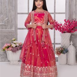 Tiny Kingdom Tissue Floral Embroidered Lace Embellished Lehenga Choli With Three Fourth Sleeves Jacket Set - Red-image-19