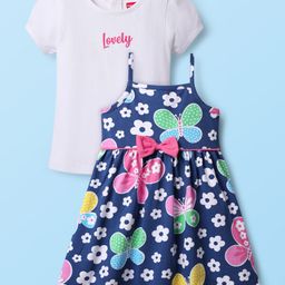 Babyhug Single Jersey Knit Half Sleeves Printed Frock With Inner Tee & Headband - Navy Blue-image-23