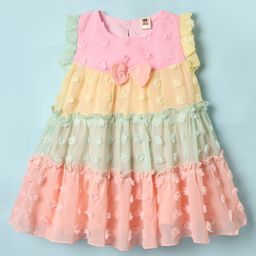 ToffyHouse Woven Sleeveless Tiered Frock With Frill Detailing & Bow Applique - Multicolour-24