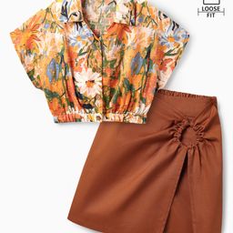 Ollington St. Woven Viscose Floral Printed Half Sleeves Top & Cotton Twill Skirt Set - Multicolor-image-36