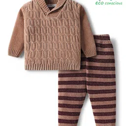 Babyoye Cotton Knit Full Sleeves Collar Neck Pullover Sweater & Pant Set with Cable Knit Design & Stripes - Brown-picture-30