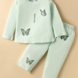 Tango Single Jersey Knit Full Sleeves Butterfly Printed T-Shirt & Pant Set- Light Green-image-73