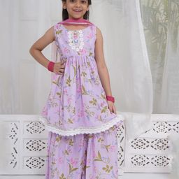 Little Bansi Muslin Woven Sleeveless Garden Tulip Printed With Lace Embellished Kurti Sharara & Dupatta - Lavender-image-90
