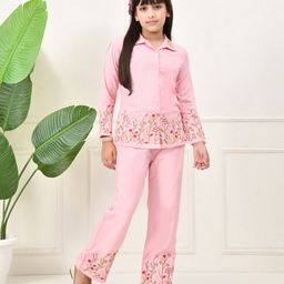 Bella Moda Cotton Woven Full Sleeves Floral Embroidered Coordinating Shirt Style Top & Pant Set - Pink-picture-39