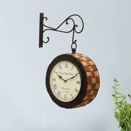 vedas Beige & Brown Round Shaped Double-Sided C-Rowan Wooden Wall Clock-10