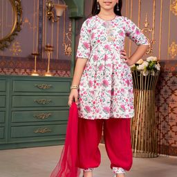 Muhuratam Girls Pink Poly Crepe Kurta Sets-image-0
