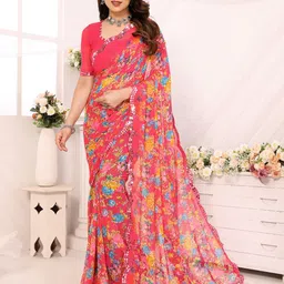 The Textile Hub Floral Mirror Work Pure Georgette Designer Saree-image-40