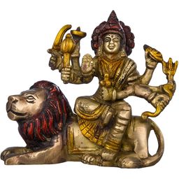 Exotic India Gold-Toned & Red Ashtabhuja-dhari Durga Brass Idol Showpiece-image-2