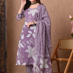 Anouk Floral Printed Sweetheart Neck Pure Cotton Straight Kurta With Trousers & Dupatta-picture-0