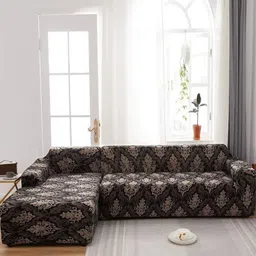 GIFTS ISLAND Brown & Black 2 Pieces Printed 3+3 Seater L-Shape Sofa Covers With Arms-image-9