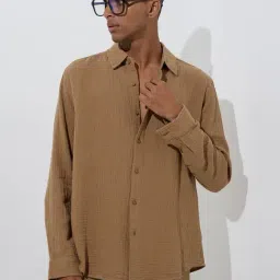 ETA by Westside Brown Crinkled-Textured Relaxed-Fit Cotton Shirt-image-93