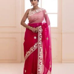 Geroo Jaipur Pink Shaded Handcrafted Gota Patti Organza Saree-image-25