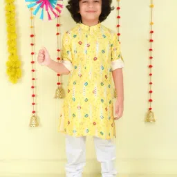 Ministitch Boys Yellow Cotton Printed Regular Fit Kurta Set-image-75