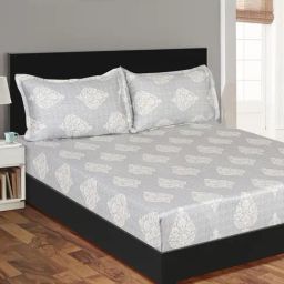 Swayam Ananda Grey & White Pure Cotton 200 TC Floral Design King Bedsheet Set-image-62