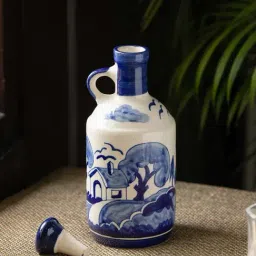 ExclusiveLane Blue & White Ceramic Vibing Village Hand-Painted Oil Bottle (0.96 L)-38