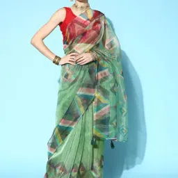 Blissta Olive Green Geometric Print Saree With Unstitched Blouse-picture-21