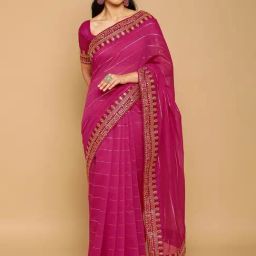 Satrani Pink Embroidered Saree With Unstitched Blouse-image-57