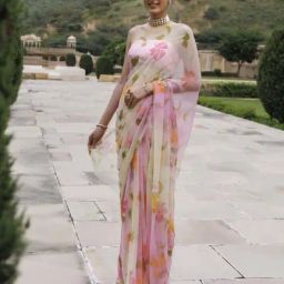 Geroo Jaipur White Pink Shaded Hand Painted Floral Chiffon Saree with Blouse-picture-8