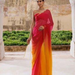 Geroo Jaipur Yellow Red Shaded Hand Dyed Plain Chiffon Saree with Jacquard Blouse-picture-18