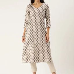 Amukti Beige Cotton Floral Print Straight Kurta-image-62