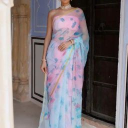 Geroo Jaipur Blue-Pink Shaded Hand Painted Floral Chiffon Saree with Blouse-picture-15