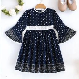 Bella Moda Girls Dark Blue Cotton Three Fourth Bell Sleeves Solid Dress-image-96