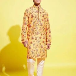 VASTRAMAY Boys Mustard & Cream Floral Full Sleeves Kurta Sets-image-14