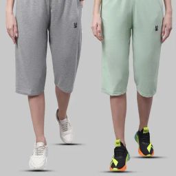 Vimal Jonney Grey Melange & Light Green Mid Rise Capris - Pack of 2-image-56