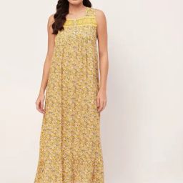 Moomaya Yellow Floral Print Nighty-image-48
