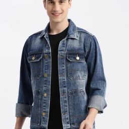 SHOWOFF Blue Denim Slim Fit Solid Jacket-image-67