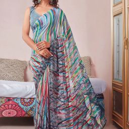 Satrani Grey Printed Saree With Unstitched Blouse image 1