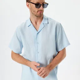 Koton Men Cuban Collar Solid Linen Casual Shirt-image-6