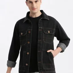 SHOWOFF Black Denim Slim Fit Solid Jacket-image-71