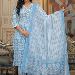 AARDRAA Women Abstract Printed Cotton Kurta with Trousers & Dupatta-11