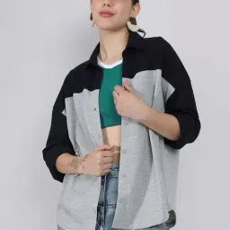 Campus Sutra Black & Grey Cotton Regular Fit Color-Block Shirt-picture-1