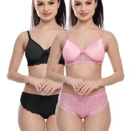 FIMS Pink & Black Lace Work Bra Panty Sets - Pack Of 2-image-92