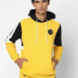 Spykar Chrome Yellow Regular Fit Colour Block Hooded Sweatshirt-7