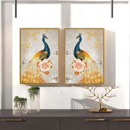 Art Street Peacock Printed Yellow Engineered Wood Wall Art (Set of 2)-image-78