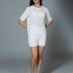High Star White Cotton Self Design Top With Shorts-43