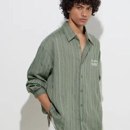 Nuon by Westside Olive Stripe Printed Relaxed-Fit Shirt-image-96