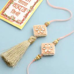 NVR Handmade Peach Kundan Studded Bhaiya Bhabhi Rakhi Set with Roli Chawal Chandan & Mishri-19