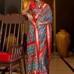 Elora Grey & Red Silk Woven Saree With Unstitched Blouse-picture-3