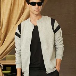 Campus Sutra Grey Cotton Regular Fit Colour Block Bomber Jacket-image-6